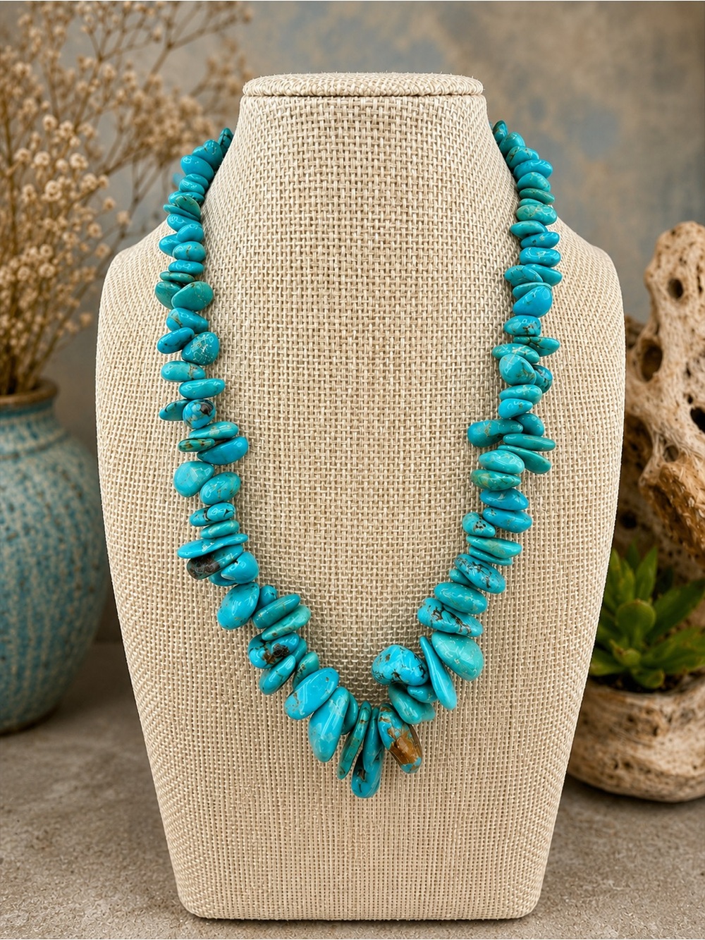Genuine Turquoise Graduated Nugget Necklace 16” Sterling Silver 65g Southwest925